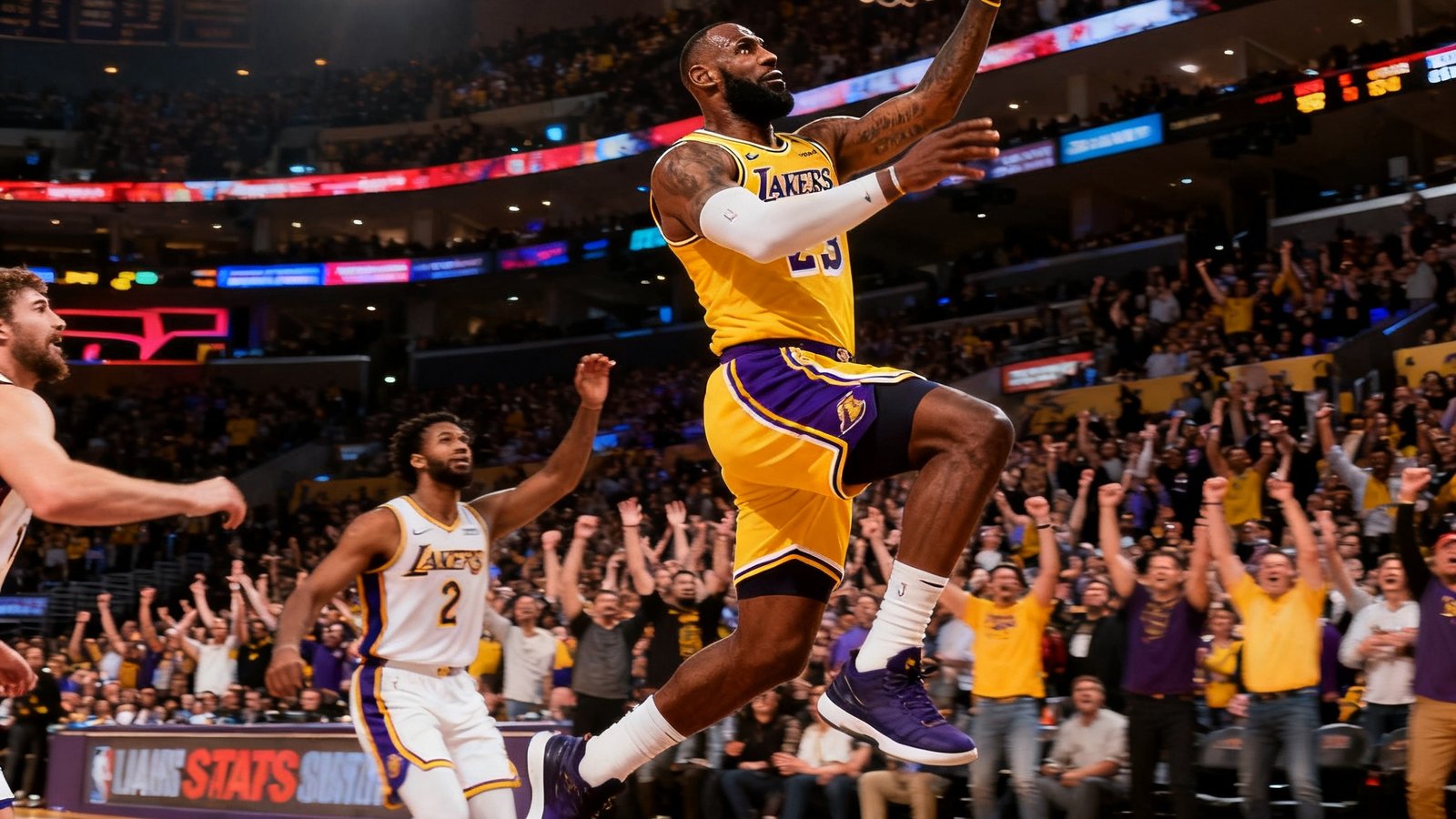 NBA圣诞大战勒布朗·詹姆斯突破上篮，斯台普斯中心观众沸腾