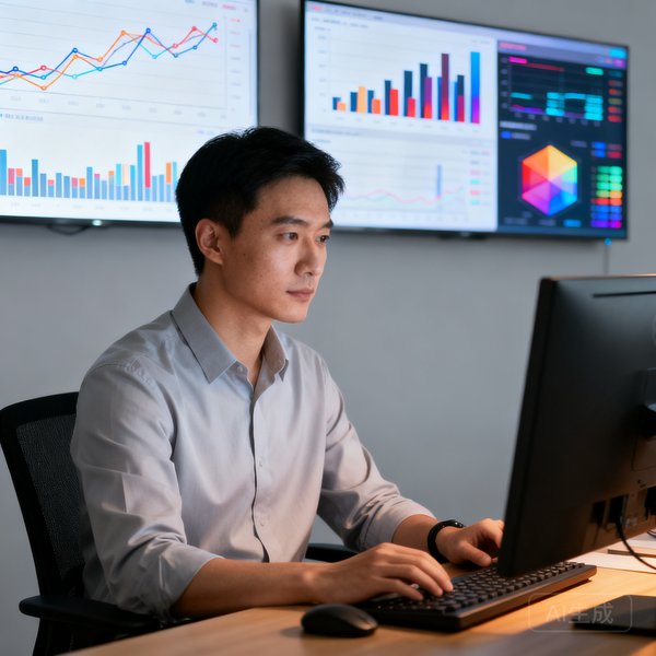 数据科学家赵鑫, 负责AI战术模型, 背景是数据图表